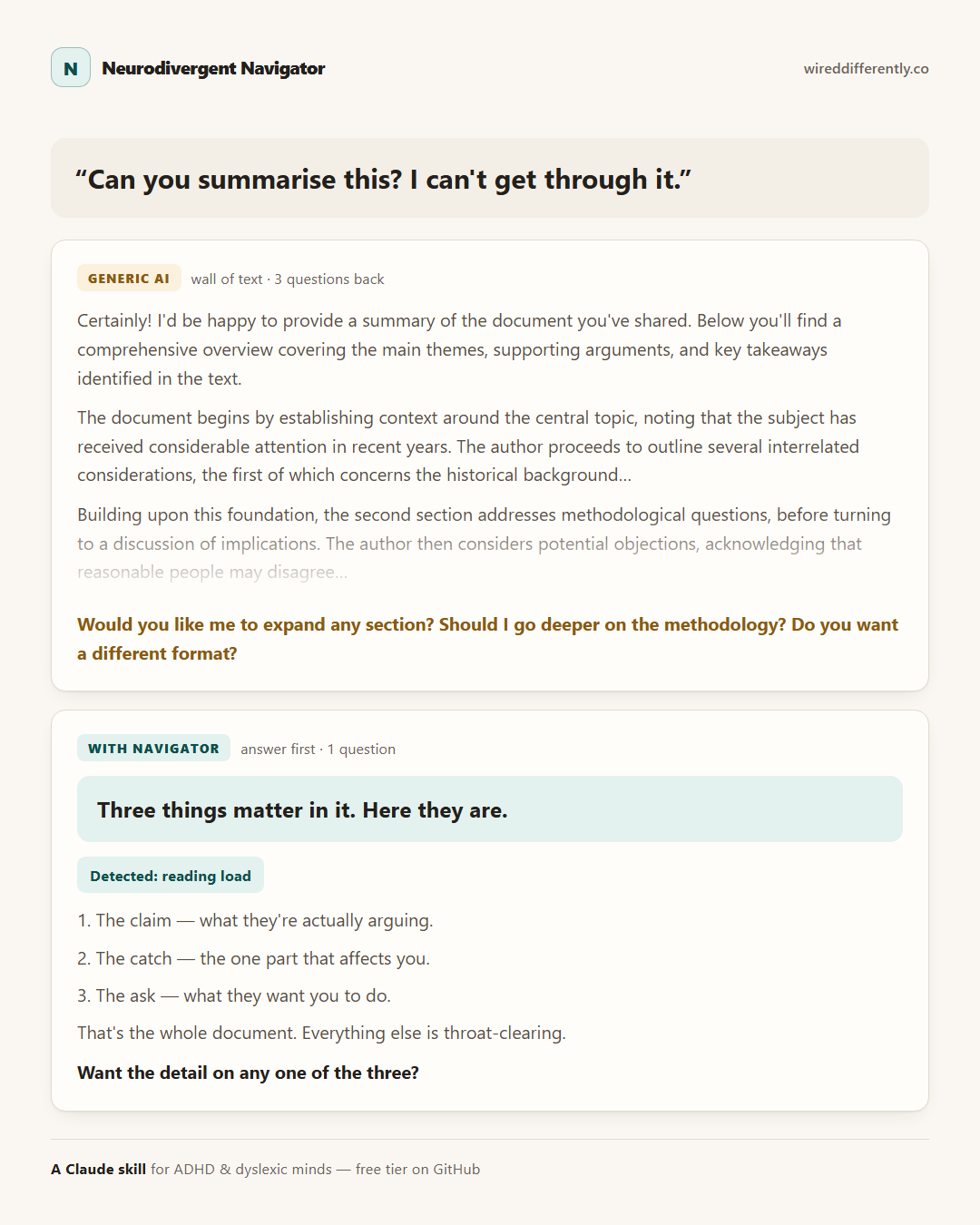 Side by side: a generic AI answering with three dense paragraphs, versus Navigator answering in three short lines.